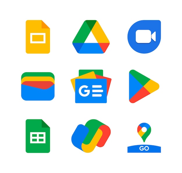 Vettore set di servizi google. presentazioni google, drive, duo, pay, news, play, fogli, maps go.