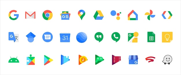 Vector google set icon chrome google podcast one drive maps pixel search concsole optimize google ads cloud interactive media manafactured centre android blog vector line icon for business