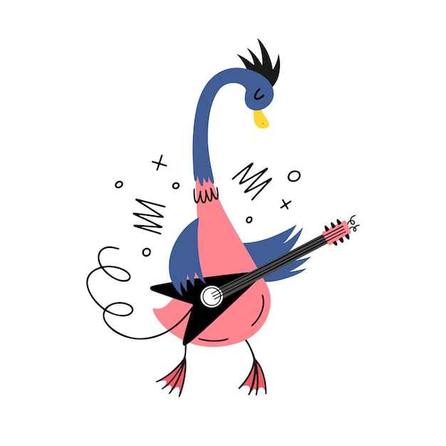 Goose musician with electric guitar. vector illustration in doodle style. rock and roll