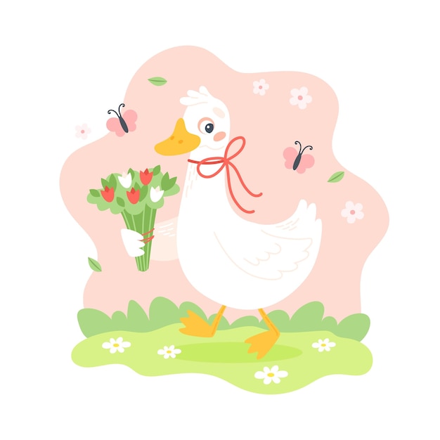 Vector goose with flowers spring character outdoors with butterflies