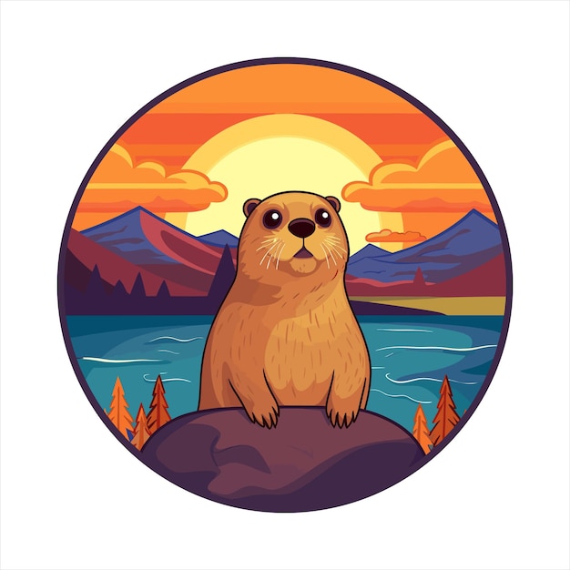 Vector gopher colorful cartoon kawaii character beach sunset animal pet sticker isolated illustration