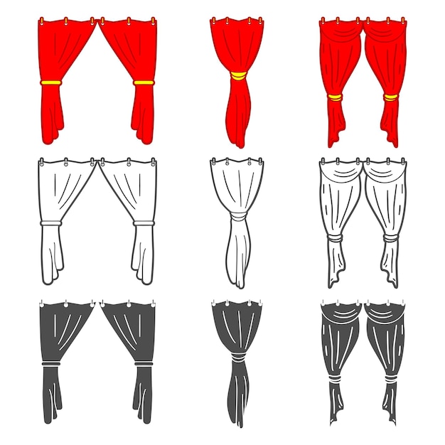 Gordijnen vector cartoon pictogrammen instellen geïsoleerd op een witte achtergrond.