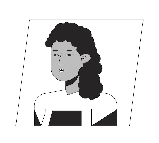ベクトル ゴージャスなブルネットの女の子黒白漫画アバター アイコン アフリカ系アメリカ人人種編集可能な 2d キャラクター ユーザー ポートレート線形フラット イラスト ベクトル顔プロファイル概要人の頭と肩