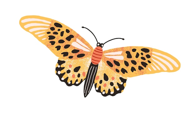 Gorgeous elegant butterfly with bright yellow wings and antennae isolated on white background. Colored beautiful flying moth. Hand drawn flat textured vector illustration.