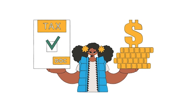 Vector gorgeous girl holds a tax form and coins in her hands the topic of paying taxes