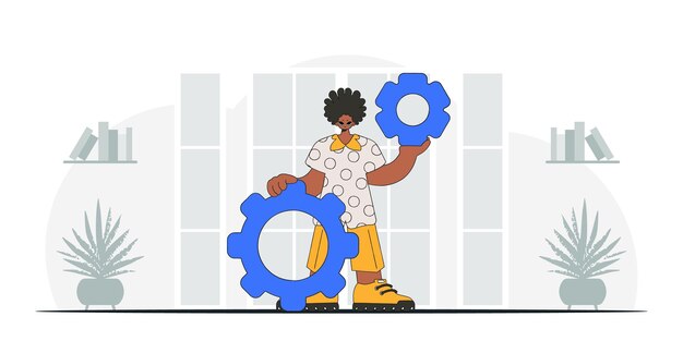 Vector gorgeous guy holds gears in his hands illustration on the theme of the appearance of an idea