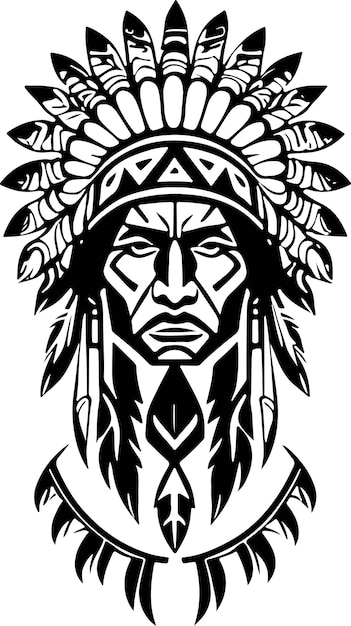 A Gorgeous iconic Native American chief in a black and white vector illustration Suitable for logo