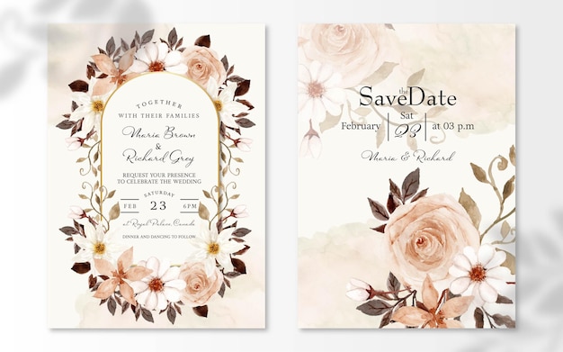 ベクトル ゴージャスな素朴な白と茶色の花水彩花の結婚式の招待状セット