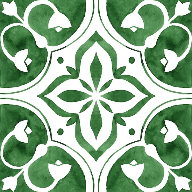 Gorgeous seamless patchwork pattern from dark green and white Moroccan Portuguese tiles Azulejo Arabic ornament