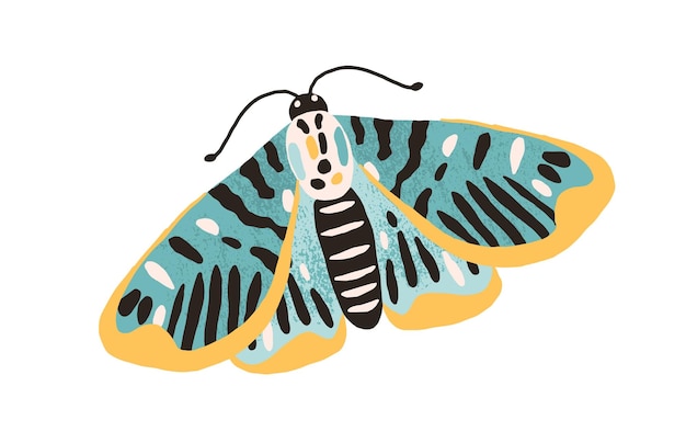 색깔의 날개와 흰색 배경에 고립 된 안테나와 화려한 단일 나비. 꽤 날아다니는 매나방. 아름다운 밤 곤충. 평면 질감된 벡터 일러스트 레이 션.