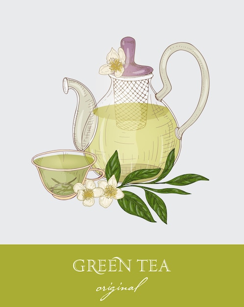 Gorgeous teapot, transparent glass cup, green tea leaves, flowers and fresh lemon fruit on gray