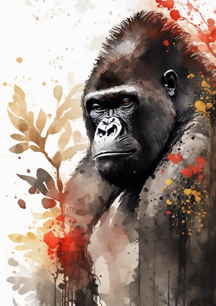 Gorilla aquarel in rijke rode en gouden tinten