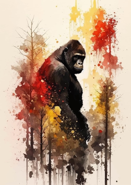 Vector gorilla aquarel in stralende rode en gouden schaduw