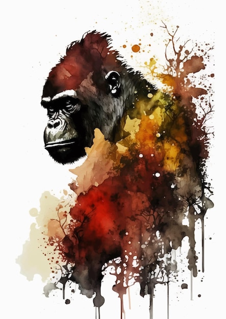 Vector gorilla aquarel kunst in dieprode en gouden kleuren
