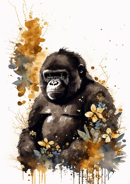 Vector gorilla aquarel print in levendige rode en gouden tinten