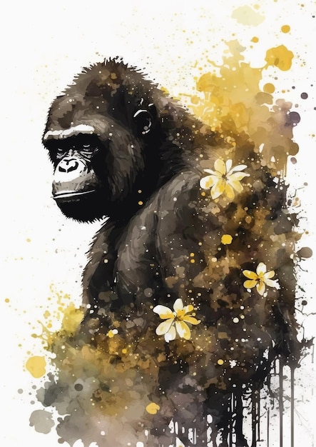 Gorilla aquarel schilderij in levendige rode en gouden kleuren