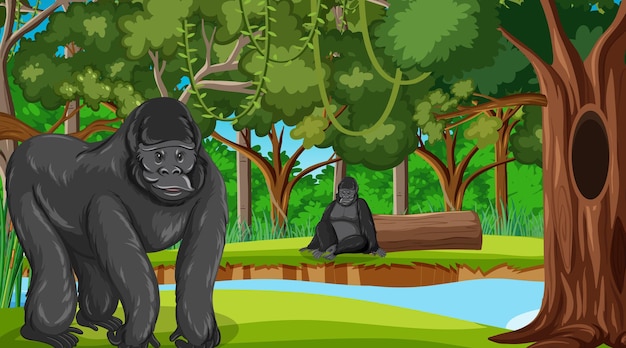 Vector gorilla in forest or rainforest scene with many trees