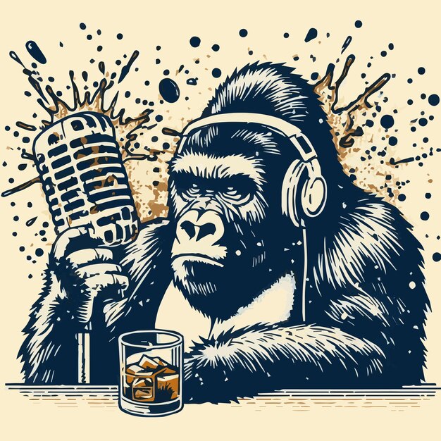 Gorilla geniet op podcast drink whiskey vector illustratie