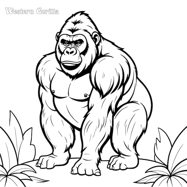 Pagina da colorare disegnata a mano da gorilla e disegno vettoriale del contorno