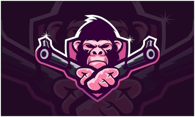 Vettore testa di gorilla con due pistole in mano