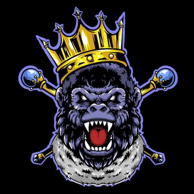 Gorilla head king with crown and gold stick mascot design