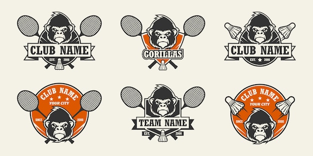 Gorilla head sport logo. Set of badminton logos.