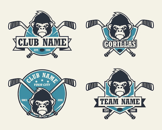 Gorilla head sport logo. set of hockey logos.