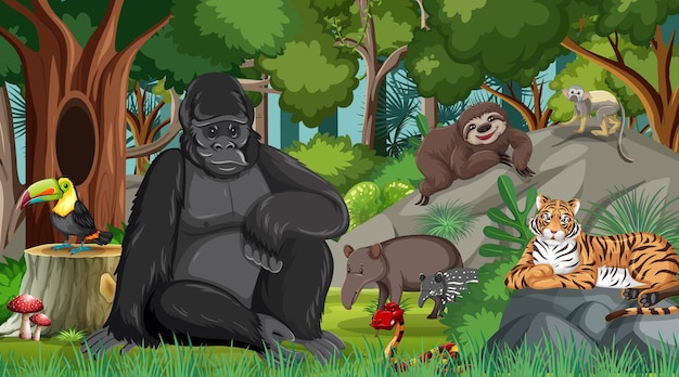 Gorilla in bos- of regenwoudscène met veel bomen