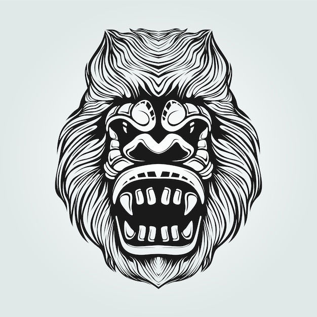 Vector gorilla line art black and white with decorative face