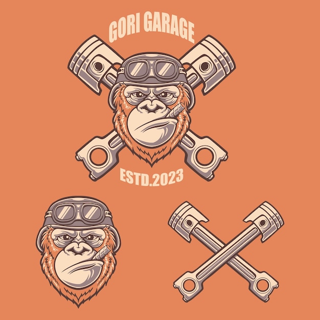 Gorilla Logo Garage With Piston Premium Vector