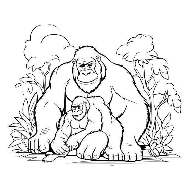 Gorilla mother and baby monochrome vector illustration