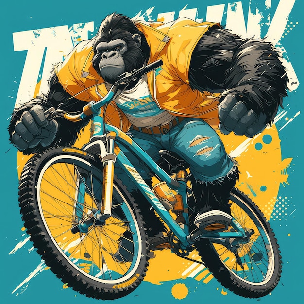 A gorilla riding a bicycle cartoon style