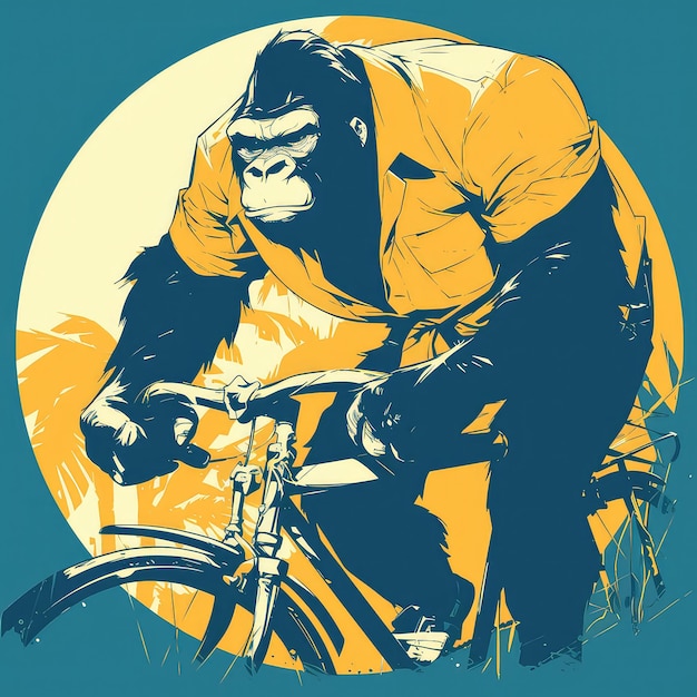 A gorilla riding a bicycle cartoon style