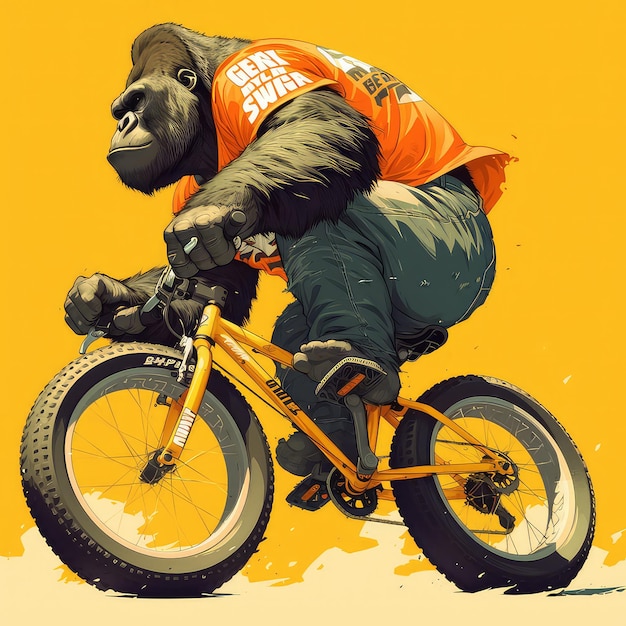 A gorilla riding a bicycle cartoon style