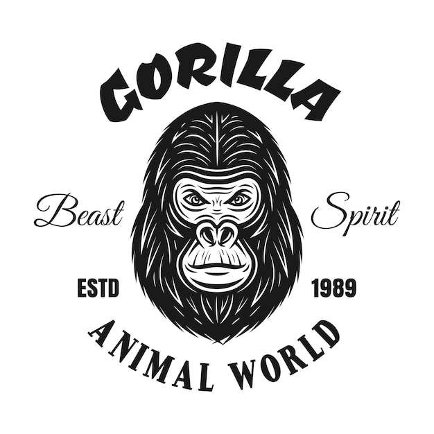 Emblema di vettore di gorilla o t-shirt stampata in stile vintage monocromatico isolato su sfondo bianco