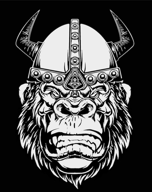 Gorilla viking isolated on black background for poster, t-shirt print, business element