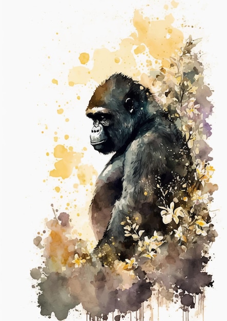 Акварельная живопись гориллы в ярких красных и золотых тонах