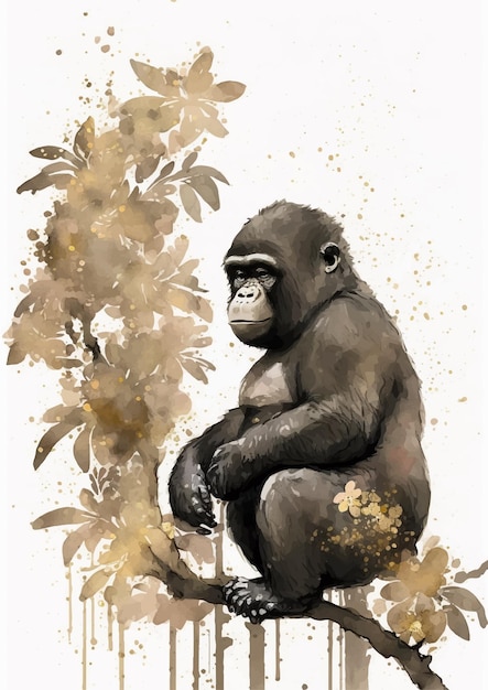 Gorilla Watercolor Print in Radiant Red and Gold Colors