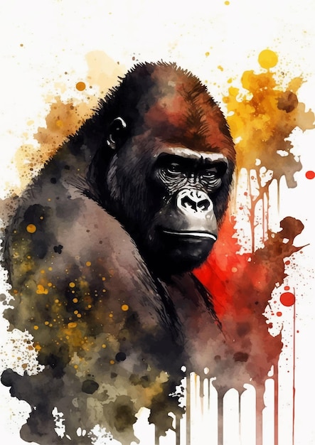 Gorilla Watercolor Print in Radiant Red and Gold Hues