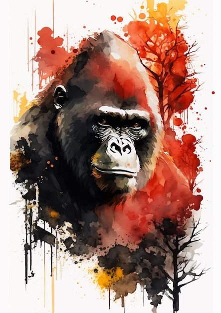 Акварель гориллы в ярких красных и золотых тонах