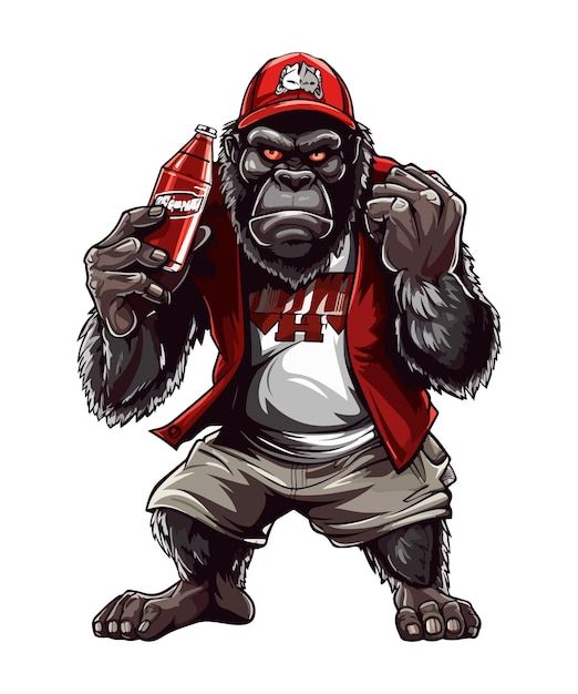 A gorilla wearing a cap and hat is holding a beer bottle vector illustration