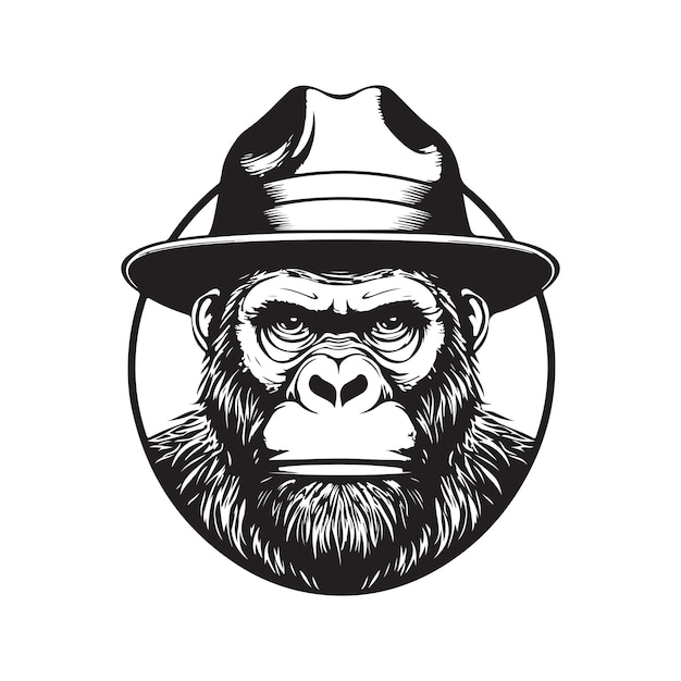 Illustrazione disegnata a mano di colore bianco e nero di concetto di arte di linea di logo dell'annata del cappello da portare del gorilla