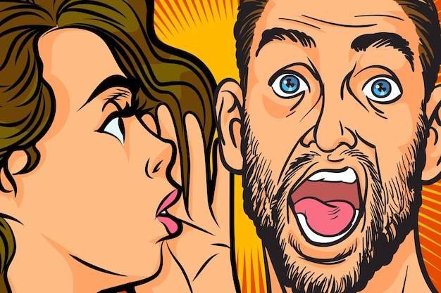 Vector gossip woman whispering secret or news in ear of surprised person in pop art retro comic style.