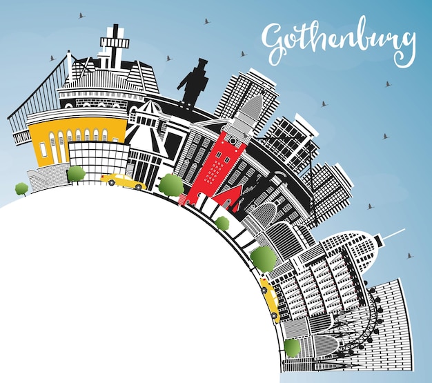 Gothenburg Sweden City Skyline with Color Buildings Blue Sky 및 복사 공간 벡터 일러스트레이션 Gothenburg Cityscape with Landmarks