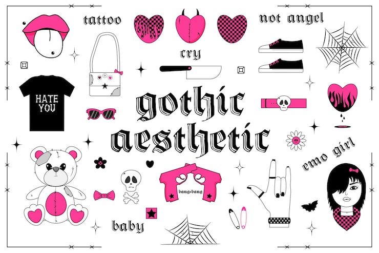 वेक्टर gothic aesthetic set of flat girly stickers bear emo girl heart and other elements