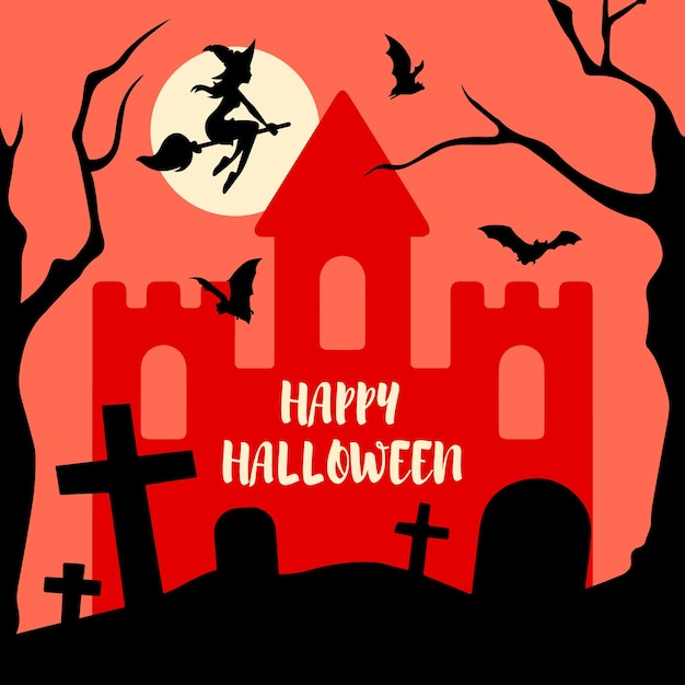 Gothic card with castle, bats in sky, flying witch, graves among trees and text Happy Halloween