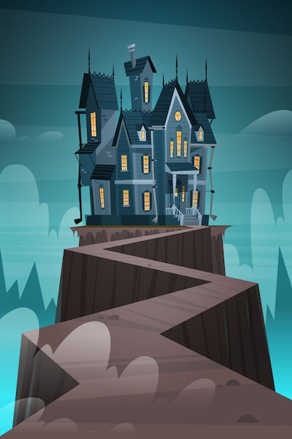 Vector gothic castle house in moonlight scary, halloween holiday concept