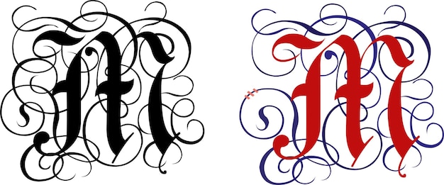 Gothic letter M with scroll design. The red capital letter A with calligraphy gothic style