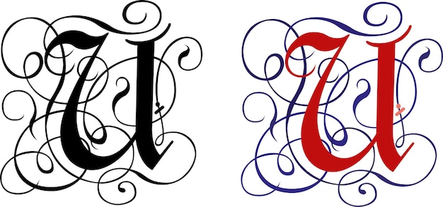 Gothic letter U with scroll design. The red capital letter A with calligraphy gothic style