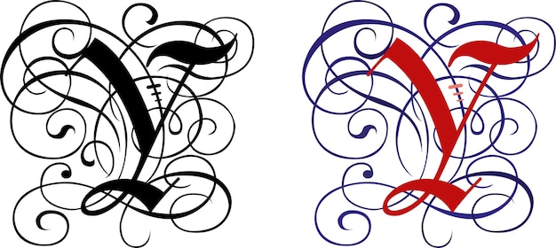 Готическая буква Y со свитком. Красная заглавная буква А с каллиграфическим готическим стилем